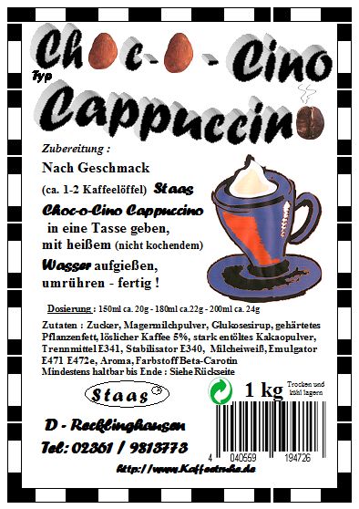 Staas ~ Choc - o - Cino ~ Cappuccino 10 Kg